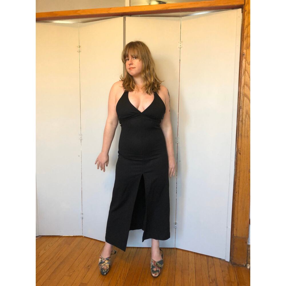 1970s vintage black halter maxi dress with high slit black sz m